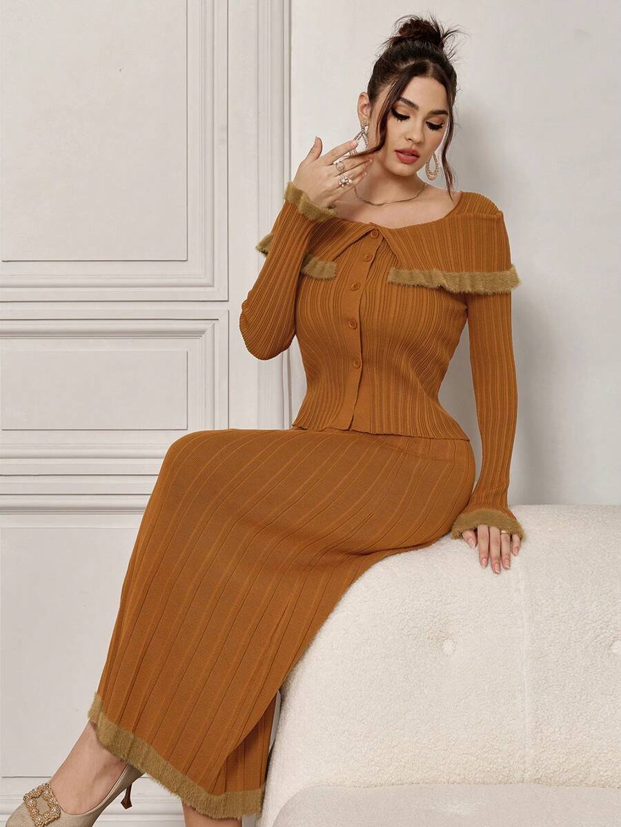 Modelyn 2-częściowy elegancki zestaw kardigan i spódnica w kontrastowym kolorze, wiosenno-jesienny, dla kobiet - Sekwoja - Zobacz 1