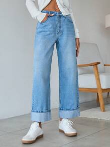 EURMUSE 100% Cotton Fold Up Denim Wide Leg Jeans - Light Wash - View 3