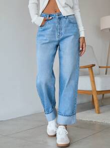 EURMUSE 100% Cotton Fold Up Denim Wide Leg Jeans - Light Wash - View 5