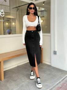 SHEIN Cottnline 100% Cotton LENGHT DENIM SKIRT SLIT DETAIL - Black - View 3