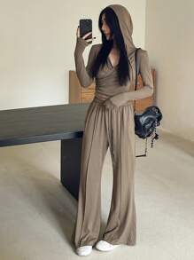 DAZY 2件套女士纯色运动服套装，秋季女装运动套装连帽家居服套装 - 卡其色 - 查看 3