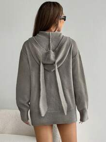 SHEIN Unity Autumn/Winter Casual Rabbit Ear Design Shiny Loose Knit Sweater Hoodie Knit Pullover Fall Outfit - Grey - View 2