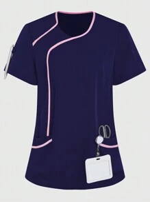 TaskEZ 女士拼色短袖上衣、手术服上衣、女士 V 领多口袋工作服外套上衣、女士健康检查手术服、宠物美容、牙科按摩师服装、工作室时尚女士工作服、营养师工作服、实验室工作服、女士上衣、多口袋功能性工作服、衣领上有纽扣方便穿脱的上衣、圣诞节、新年和情人节功能性女装、冬春女装 - 藏蓝色 - 查看 3