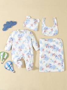 SHEIN 2pcs Set Baby Boys Cute Bear Print Long Sleeve Pajama Jumpsuit With Shoulder Wrap Casual Outfit