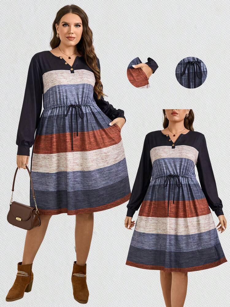 Plus Size Front Button Long Sleeve Tie-Front Solid Color Patchwork Casual Dress