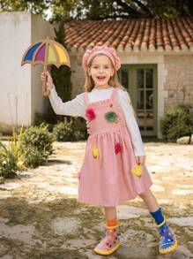 SHEIN 3pcs/Set Young Girls Textured Long Sleeve T-Shirt, Floral Jumper Dress With Suspender And Hat - Pink - View 1
