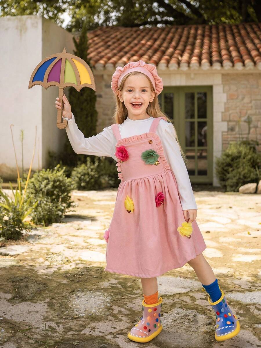 SHEIN 3pcs/Set Young Girls Textured Long Sleeve T-Shirt, Floral Jumper Dress With Suspender And Hat - Pink - View 1