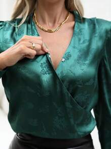 SHEIN Clasi Women's Elegant Jacquard Puff Sleeve Wrap Blouse, Spring & Autumn - Green - View 6