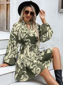 Breezaya Women's Vintage Floral Print Lantern Sleeve Dress, Spring Autumn - Multicolor - View 1