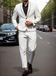 Manfinity Mode Men's Contrast Color Shawl Collar Jacket & Slim Fit Pants Suit Set,White Suit Set - White - View 5