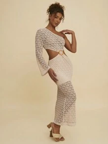 Travachic Vestido largo de punto y ganchillo calado para vacaciones, conjunto bohemio para festival de música de mujer