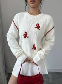 Chiquease 女士宽松圆领落肩蝴蝶结图案针织毛衣，秋冬季 - 杏色 - 查看 1