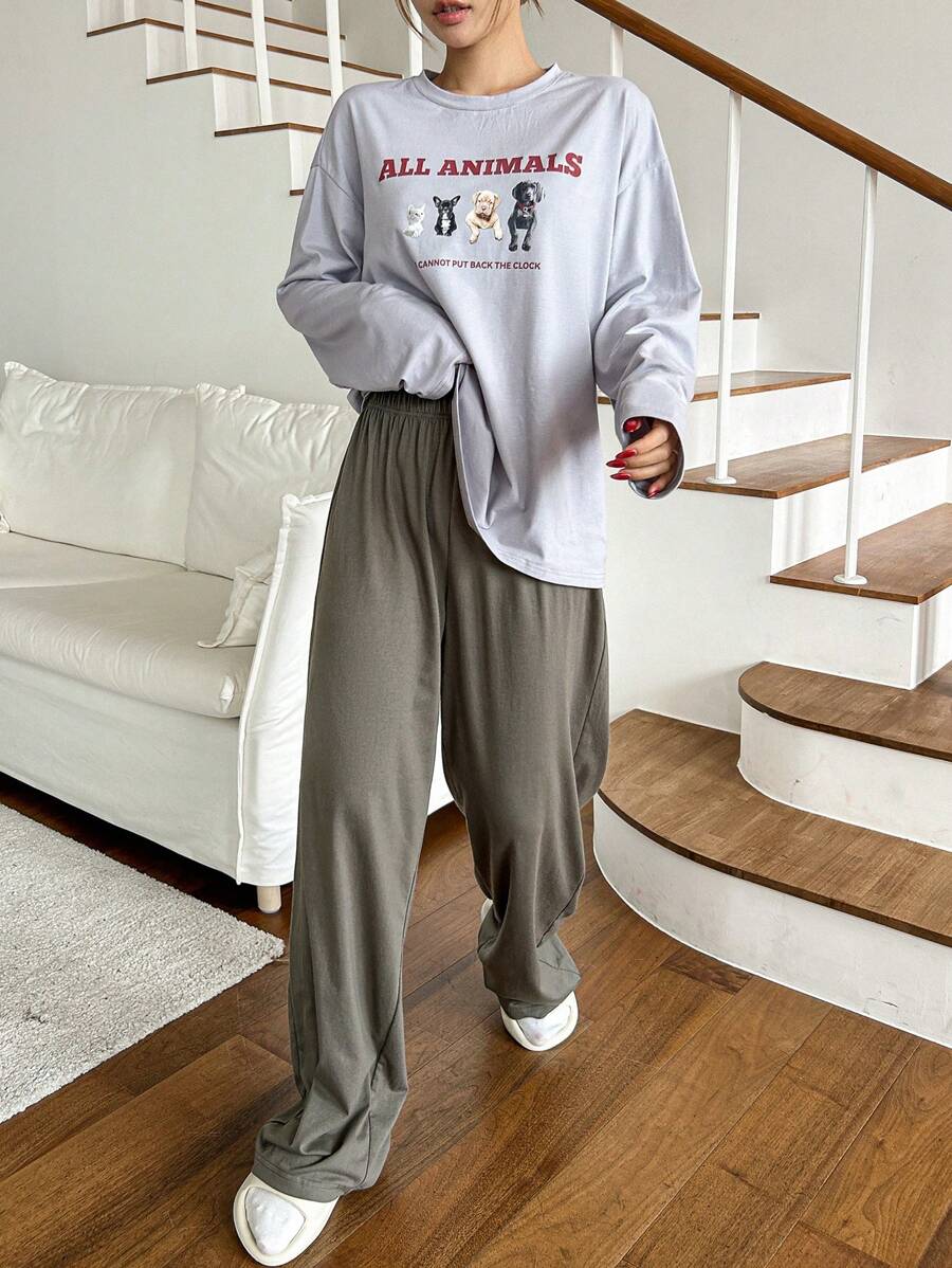 DAZY Bộ đồ ngủ rộng rãi in họa tiết dễ thương - Xám - Xem 1