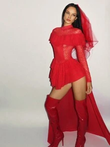 SHEIN ICON Women's Stand Collar Lace Mesh Tiered Asymmetrical Hem Costume Dress - Red - View 5