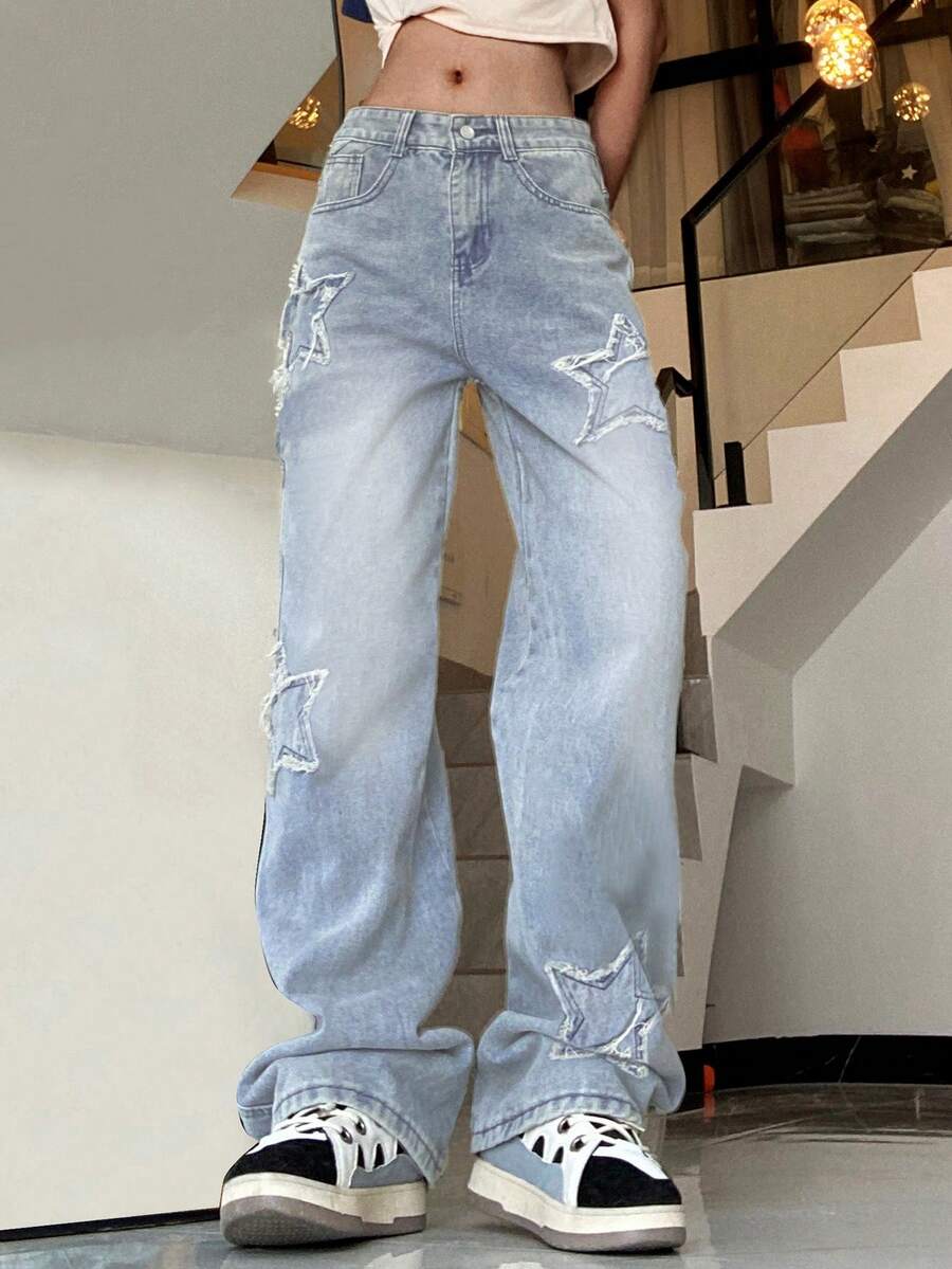 Pantalones de pierna ancha para mujer con parches y bolsillos, corte holgado y lavado a la piedra - Lavado ligero - Ver 1