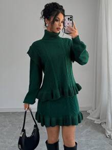 Chiquease 2 pièces/Set Pull à col montant en tricot torsadé élégant et jupe à volants taille haute, tenue d'hiver chic - Vert sapin - Voir 4