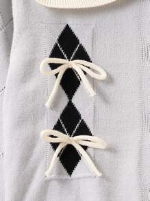 SHEIN 2pcs/Set Girls Collegiate Style Checkered Bow Knit Cardigan And Pleated Skirt Suit, Autumn