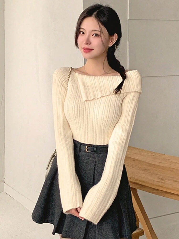 Women's Turndown Collar Off-Shoulder Elegant Knitted Sweater Fall