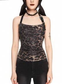 ROMWE Hippie Y2K Leopard Print Sequin Fabric Streetwear Tank Top For Women