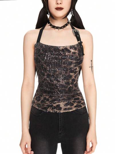 Hippie Top sin mangas de estilo urbano para mujer, elaborado con tela de lentejuelas con estampado de leopardo, inspirado en el estilo Y2K