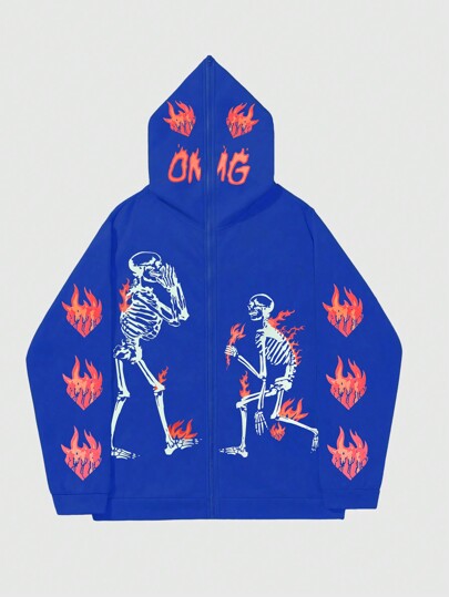 Street Life Felpa con cappuccio uomo dal design di moda con stampa di teschio e fiamme, autunnale