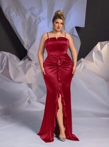 Glamrae Plus Size Red Sequin Panel Bustier Embellished High Split Mermaid Hem Elegant Formal Gown, Wedding Event Dress, Prom Evening Dress, For Wedding Guest, Graduation, Dinner