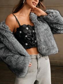 Anewsta Women Elegant Fluffy Collar Short Jacket