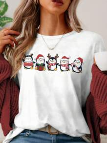 SHEIN LUNE Christmas Cute Santa Claus Costume Casual Round Neck Short Sleeve Fitted Women T-Shirt, Cotton For Summer - White - View 1