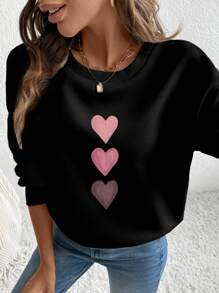 EMERY ROSE Casual Simple Pink Heart Print Pattern Round Neck Loose Fit Long Sleeve Women Sweatshirt - Black - View 3