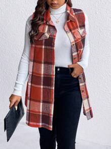 SHEIN Chaleco casual de mujer de talla grande sin mangas con botones delanteros, bolsillo falso a cuadros, para otoño e invierno - Naranja Quemada - Ver 3