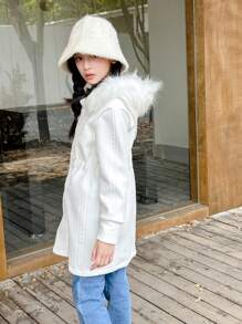 SHEIN 女孩针织加厚提花内衬连帽抽绳夹克，秋冬保暖外套 - 白色 - 查看 2