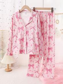 SHEIN Set de pijama casual y cómodo de 2 piezas con top de manga larga y pantalones con estampado digital a prueba de llamas para niña preadolescente - Rosa - Ver 4