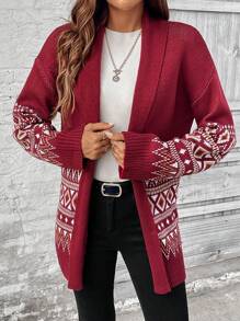 SHEIN LUNE Cardigan simples de patchwork liso de manga comprida, uso diário casual - Borgonha - Ver 6