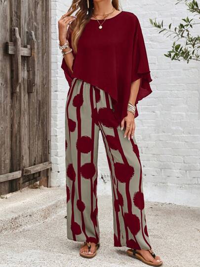 EMERY ROSE 2pcs Women's Solid Color Crew Neck Asymmetrical Hem Blouse And Allover Print Pants Set, Summer