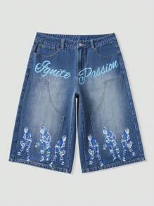 ROMWE MEN Street Life Quần short denim dài đến đầu gối in chữ và hình in giản dị cho nam - Màu xanh lam - Xem 4