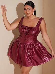 SHEIN BAE Plus Size Burgundy Autumn Girlism Night Out Club Elegant Red PU Leather Square Collar Bow Low Waist Mini Ballet Dress, Halloween Party Costume - Burgundy - View 4