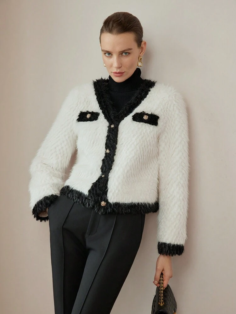 FLANNELETTE CONTRAST TRIM GOLD BUTTON PLACKET COAT