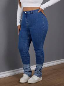 SHEIN SXY Quần Jeans Denim Cỡ Lớn Có Họa Tiết Bướm Màu Tương Phản & Thiết Kế Nơ, Ôm Vừa - Màu xanh lam - Xem 4