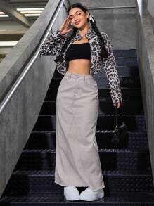 SHEIN EZwear 春秋休闲纯色长款牛仔半身裙 - 卡其色 - 查看 5