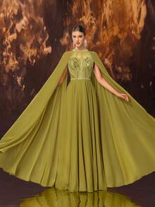YISIKADO 奢华亮片串珠雪纺夸张袖子骨干正式晚礼服婚礼宾客晚宴宴会女士连衣裙 - 橄欖綠 - 查看 4