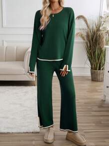 GAOVOT Women's Sweater Two Pieces Simple Loose Casual Color Contrast Round Neck Long Sleeve Sweater And Loose Wide Leg Straight Pant Suit - Green - View 6