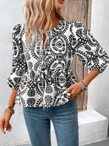 Breezaya Blusa casual holgada con mangas farol, cuello con lazo y estampado floral para mujer, ideal para vacaciones