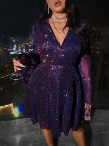 SHEIN Privé Plus Size Women Sparkly Purple A-Line Bell Sleeve Short Dress - Multicolor - View 1