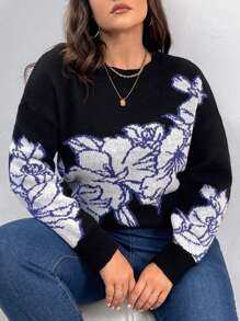 SHEIN Privé Plus Size Women's Contrast Color Floral Pattern Pullover Sweater For Autumn/Winter - Multicolor - View 7