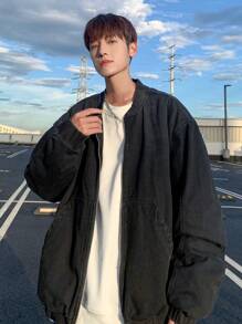 Manfinity Hypemode Men's Black Washed Plain Casual Dark Denim Thermal Lined Baseball Jacket, For Going Out - Dark Grey - View 5