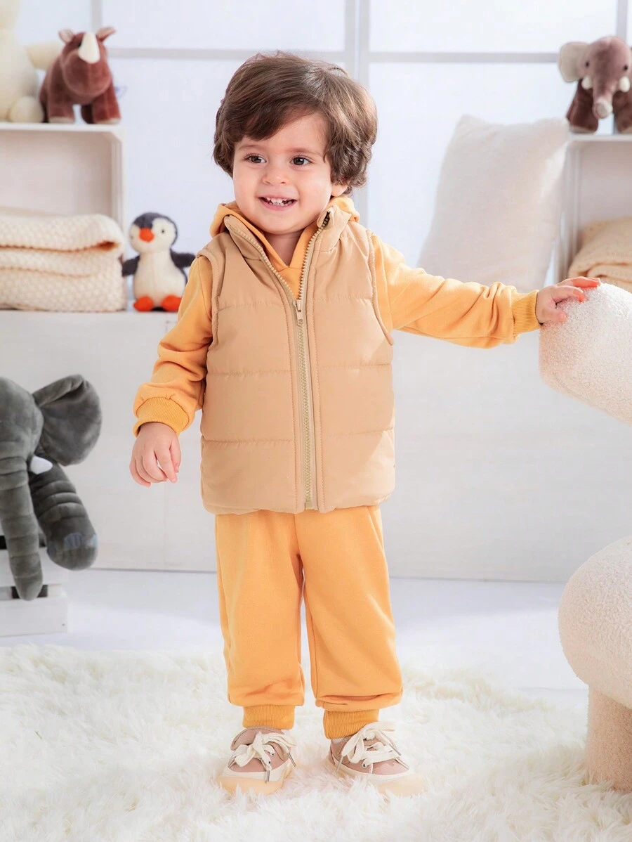 SHEIN 3pcs Set Baby Boys Casual All-Match Warm Vest, Hoodie Sweatshirt And Pants Outfit For Fall, Winter And Spring - Khaki - View 1