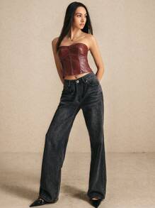 Poéselle 女士勃艮第仿皮紧身胸衣上衣，复古风格，90 年代复兴短款紧身胸衣式上衣，后拉链设计，非常适合秋季派对、万圣节和百搭秋季时尚，将复古魅力与现代风格融为一体，呈现浓郁的酒红色调。