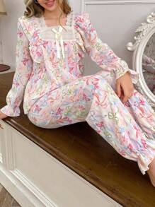 CottageSlumber Conjunto de pijama para mujer con cuello cuadrado con estampado floral, volantes, lazo y bajo con volantes, romántico y perfecto para vacaciones