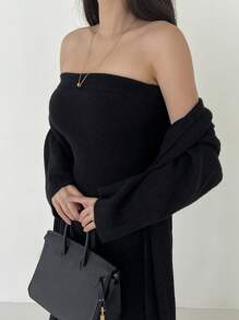 DAZY 2pcs/Set Women Solid Color Tube Dress And Long Sleeve Cardigan Sweater Fall - Black - View 1