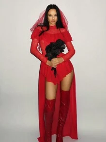 SHEIN ICON Women's Stand Collar Lace Mesh Tiered Asymmetrical Hem Costume Dress - Red - View 3